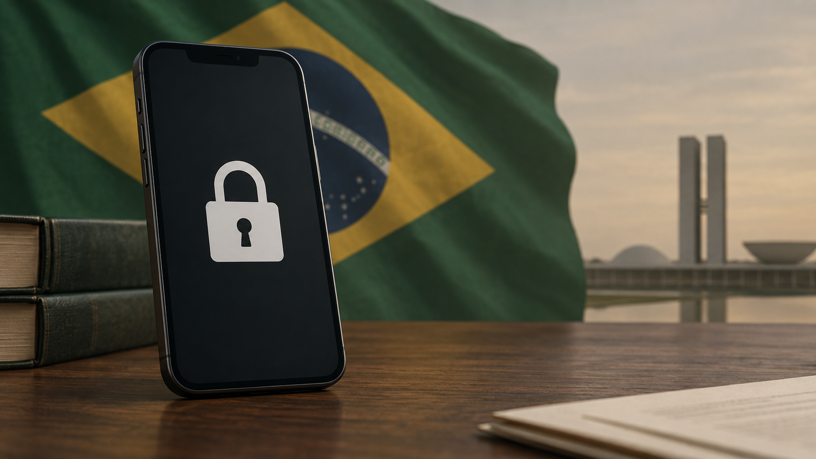 Ilustração gerada com IA: celular com cadeado diante da bandeira brasileira